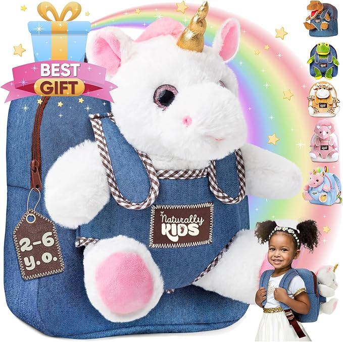 Naturally KIDS Toddler Backpack w Unicorn Toys, 2 Year Old Girl Birthday Gift, 3 Year Old Girl Gift Boy, Toddler Unicorn Toy