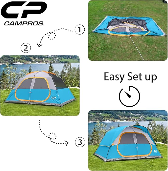 CAMPROS CP Upgraded 6/8 Person Camping Tents, Waterproof Windproof Family Tent with Larger Mesh Windows & Door, Double Layer, Easy Set Up, All-Season Dome Tent with Top Rainfly & Carry Bag