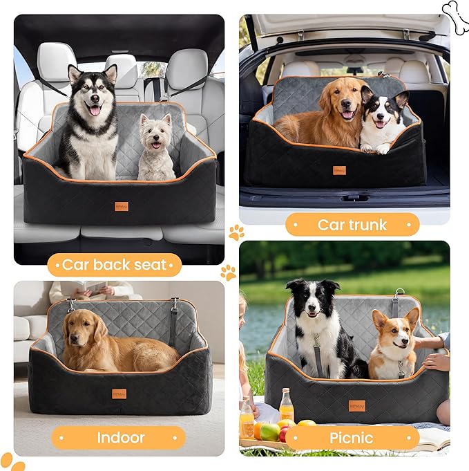 HiPetpy Dog Car Seat Elevated Memory Foam Booster Seat for Large Medium Dogs Under 55 lbs with Pet Blanket, Washable Pet Car Seat with Safety Leash, Anti-Slip Base and Storage Pockets
