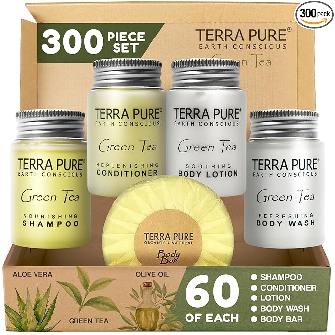 Terra Pure Hotel Soaps & Toiletries Bulk Set | 1-Shoppe Amenities Kit | 1oz Shampoo & Conditioner, Body Wash, Lotion, 1.25oz Bar Soap | Travel Size | 300 Pieces