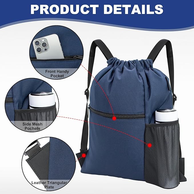 HOLYLUCK Men & Women Outdoor Sport Gym Sack Waterproof Drawstring Backpack Bag (Standard with width webbing, Navy Blue-1)