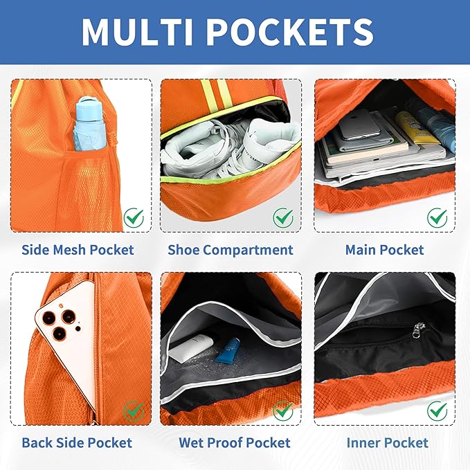 JELUTAR Drawstring Backpack Gym Bag with Shoes Compartment for Soccer, Basketball, Swim, Water-Resistant String Backpack Beach Cinch for Women Men, Orange