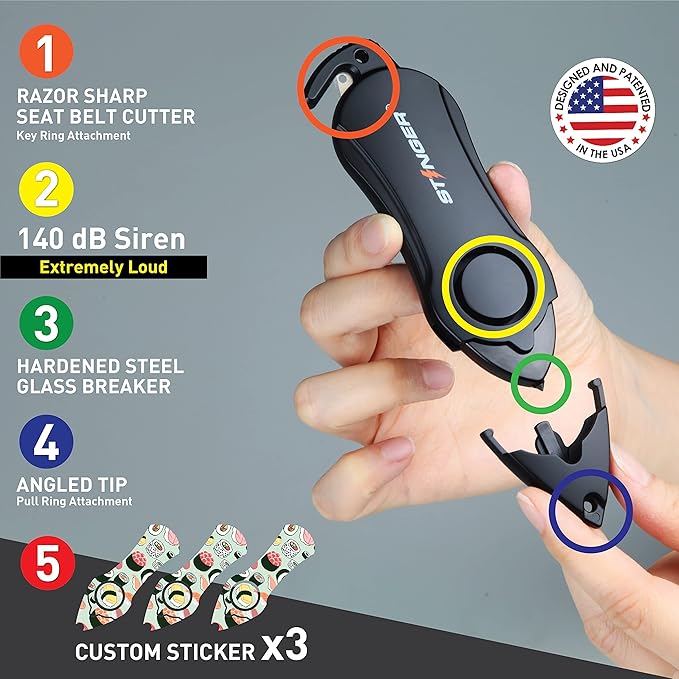 Stinger Personal Alarm Keychain Emergency Tool, Safety Panic Alarm Siren, Seat Belt Cutter, Glass Breaker, Security Device for Women Men Kid, Design in USA (Sushi)