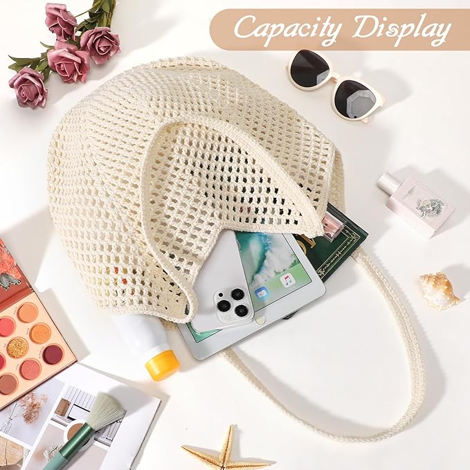 Tavaleu Crochet Tote Beach Bags for Women, Mesh Beach Tote Knit Bag, Summer Vacation Aesthetic Boho Hobo Shoulder Bag
