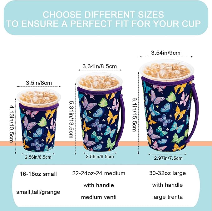 KJQJLY 3 Pack Reusable Iced Coffee Sleeves for Iced Coffee Cups or Drinks Reusable Neoprene Insulated Sleeves for Hot and Cold Drinks from Starbucks, Dunkin, And More (Dark butterfly)
