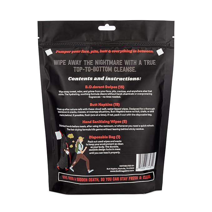 The Grime Reaper Set, On-the-Go Hygiene Kit, For Filth Elimination, Wiping and Killing Stink, 15 B.O.dorant Swipes, 15 Butt Napkins, 5 Hand Sanitizing Wipes, 1 Disposable Bag