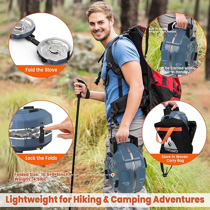 Cofiyard 20,000 BTUs 2 Burner Propane Camping Stove, Portable Folding Camp Stove with Adjustable Burners, Built-in Ignition and Carrying Bag, Dual Gas Stoves for Tailgating, Camping, BBQ Overland Grey