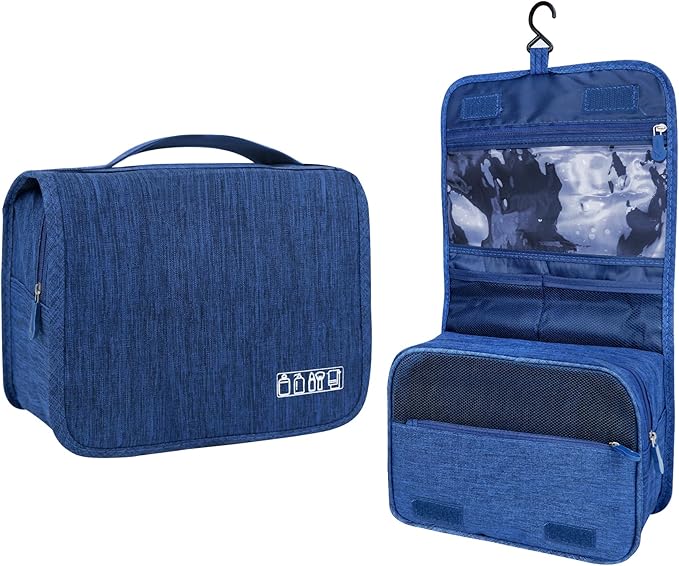 Lcsmaokin Large Capacity Toiletry Bag Travel Bag with Hanging Hook for Men and Women Waterproof Travel Cosmetic Bag Bathroom Storage Bag for Brushes Set, Full-Sized Shampoo, Toiletries, (Navy Blue)