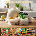 Larrel 6 Pack Reusable Mesh Produce Bags, Multi-Size Vegetable Bags Set with Drawstring, Washable Portable Mesh Grocery Bag for Vegetables Fruits Grocery Shopping Refrigerator Storage Travel