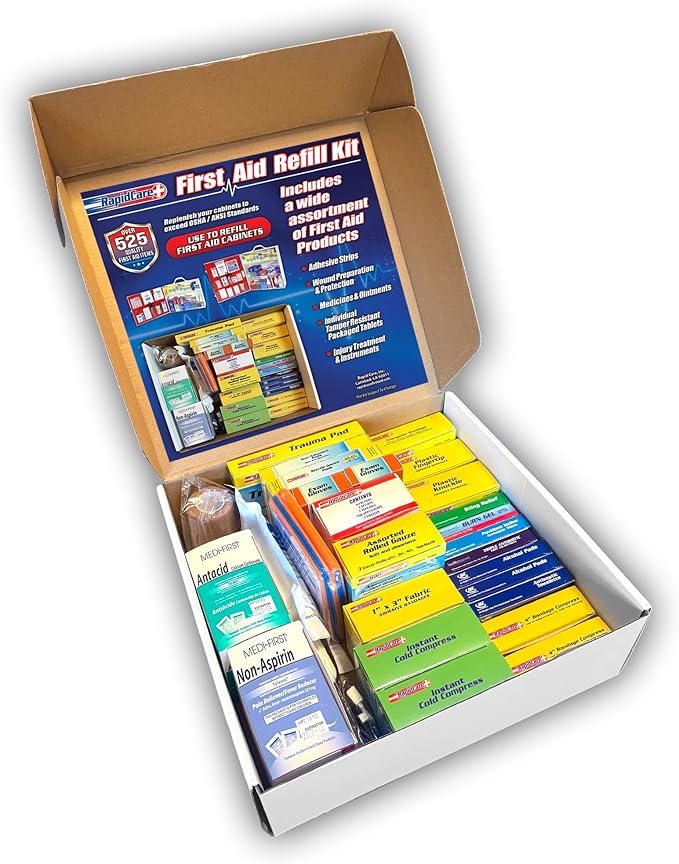 Rapid Care 3-Shelf First Aid Refill Kit - 525 Piece OSHA & ANSI Compliant Refill for First Aid Cabinets, Serves 75+ People, Color-Coded Workplace, School & Office First Aid Supplies