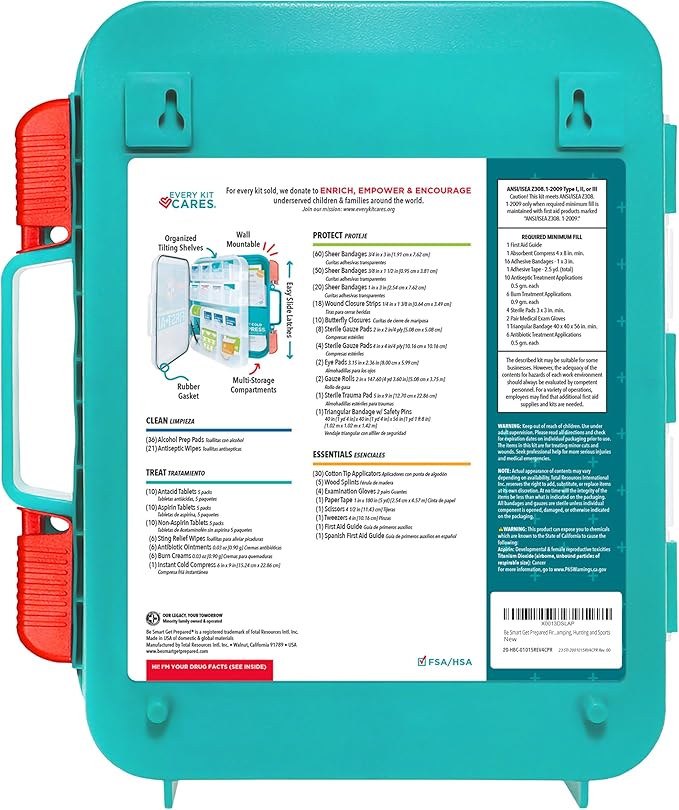 Be Smart Get Prepared First Aid Kit, Teal, 326 Piece, Exceeds OSHA and ANSI Guidelines 100 People - Office, Home, Car, School, Emergency, Survival, Camping, Hunting and Sports