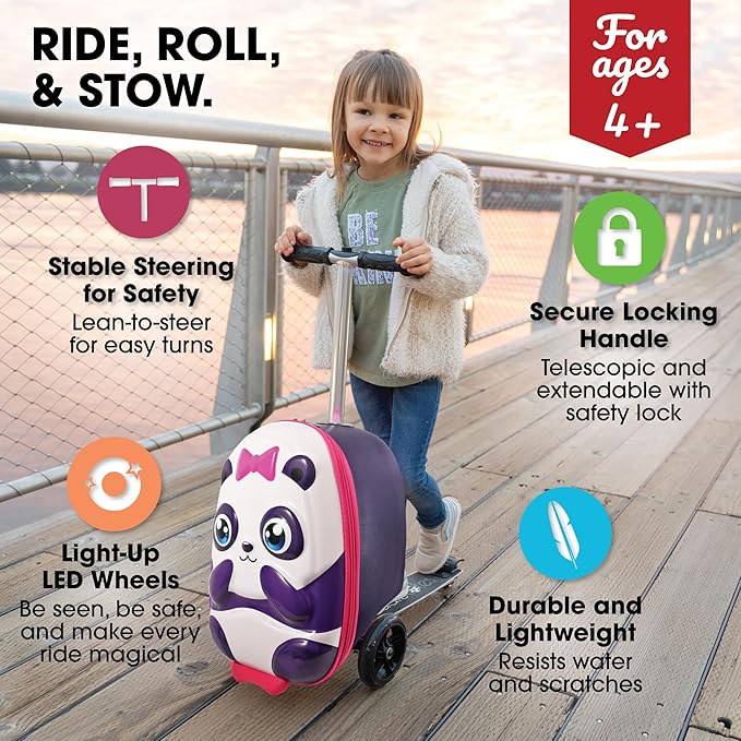 KIDDIETOTES Ride-On Scooter Suitcase for Kids – Hardside Lightweight Carry-On Luggage with Foldable Scooter, LED Wheels, Travel Fun for Toddlers & Children