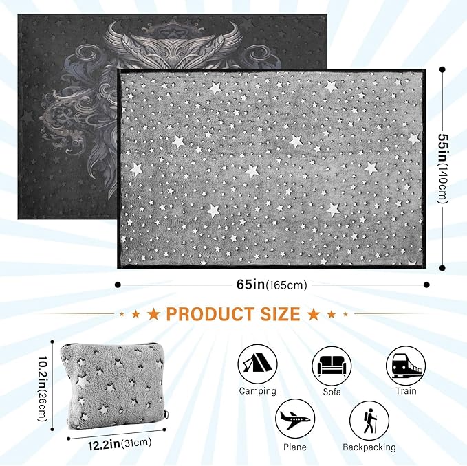 Black Owl Travel Blanket Glowing in The Dark, Soft 2 in 1 Airplane Blanket 65" x 55", Foldable as Pillow, Luggage Sleeve & Backpack Clip