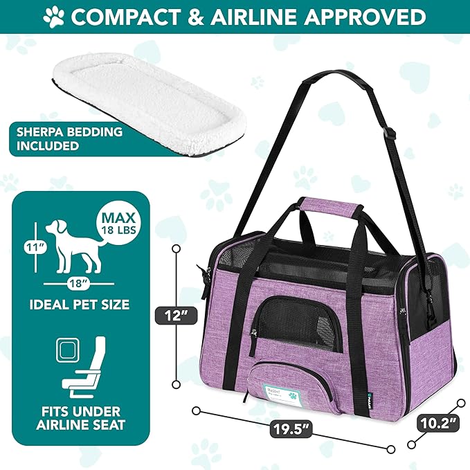PetAmi Airline Approved Pet Carrier for Cats & Small Dogs, Soft Sided TSA Travel Carrier Bag with Sherpa Bed, Breathable Mesh Ventilation, Collapsible Bowl, Up to 18 lbs, Large Heather Purple