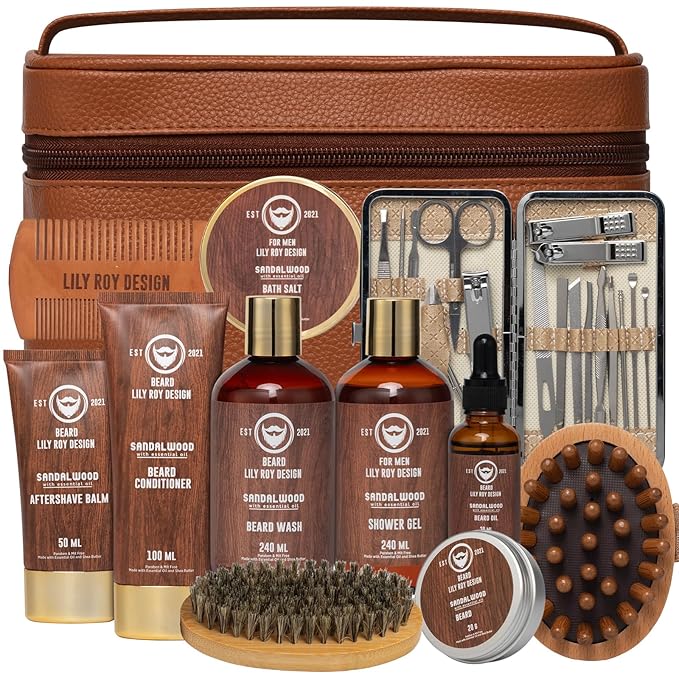 Fathers Day Spa Gift Set for Men - Luxuious 30-Piece Sandalwood Bath & Beard Gift Set for Men, Bath & Body Care Kit for Him with Beard Wax | Christmas, Valentines Day, Birthday, Gift for Father Dad