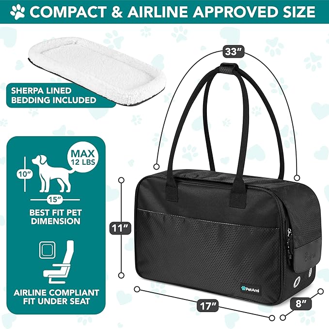 PetAmi Dog Purse Carrier for Small Dogs Cats, TSA Airline Approved Soft-Sided Pet Carrier with Pockets, Ventilated Travel Tote Bag with Bed & Shoulder Strap, Puppy Kitten, Max 12 lbs, Black