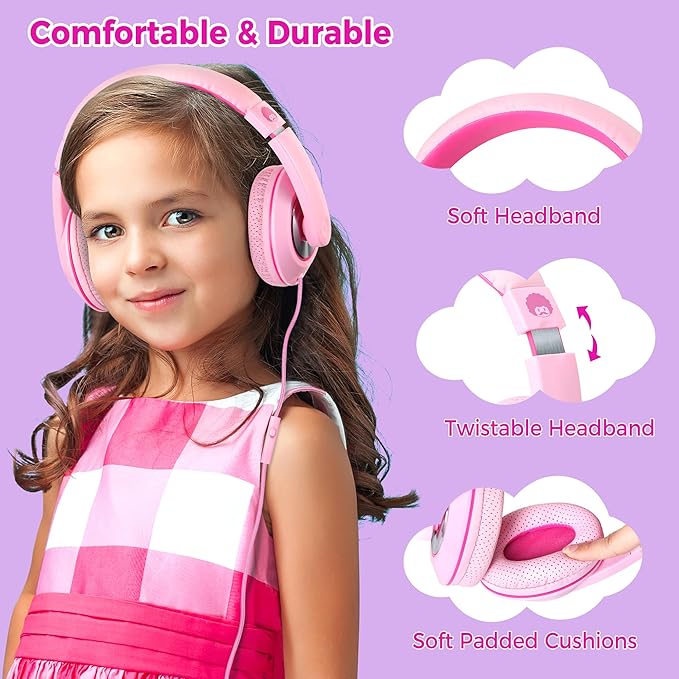 rockpapa Comfort+ Kids Headphones with Microphone, Boys Girls Student Over-Ear Headphones Wired Foldable for School Classroom Laptop PC Computer Tablet Pink