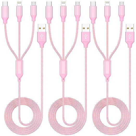 Multi Charging Cable 4ft 3Pack 3 in 1 Charger Cord, Multiple Rapid Nylon Braided Cable USB Charging Cable Multi Phone Charger Cord with Type C Micro Lightning USB Connectors for Cell Phones Pink