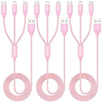 Multi Charging Cable 4ft 3Pack 3 in 1 Charger Cord, Multiple Rapid Nylon Braided Cable USB Charging Cable Multi Phone Charger Cord with Type C Micro Lightning USB Connectors for Cell Phones Pink