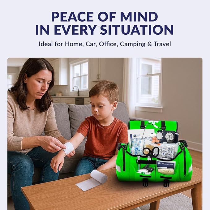 MFASCO Complete Emergency Response First Aid Kit Trauma Bag - 415 Piece Fully Stocked Supplies for Disaster Preparedness | for Business, Schools, Organizations, Groups, Home Safety (Reflective Green)