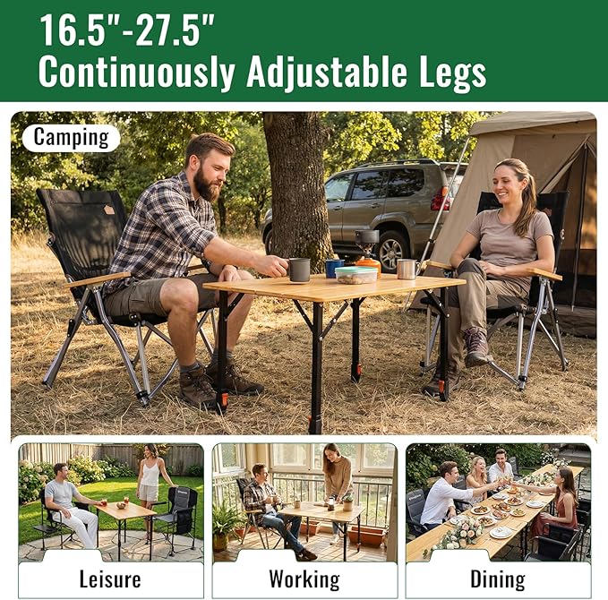 KingCamp Bamboo Folding Table, 4-Fold Camping Adjustable Height Portable Outdoor Lightweight & Compact Table with Aluminum Frame for RV Picnic BBQ Tailgating