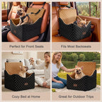 JOEJOY Elevated Dog Car Seat for Small/Medium Dogs up to 35 lbs, Memory Foam Booster Seat with Detachable Washable Cover, Travel-Safe Car Bed with Safety Belts & Storage Pockets, Brown