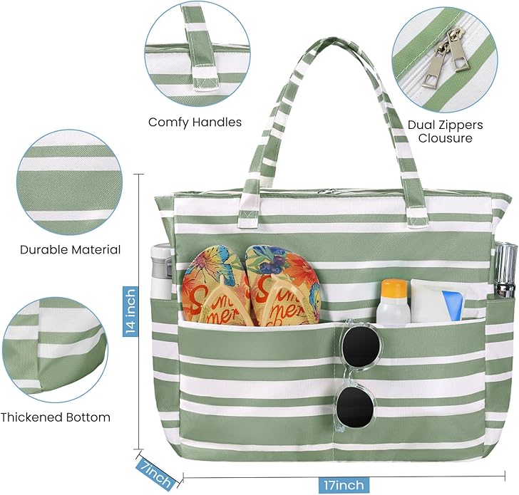 Trifabricy Beach Bags for Women Waterproof Sandproof Women Tote Bag, Large Beach Bag with Zipper for Gym Travel Vocation