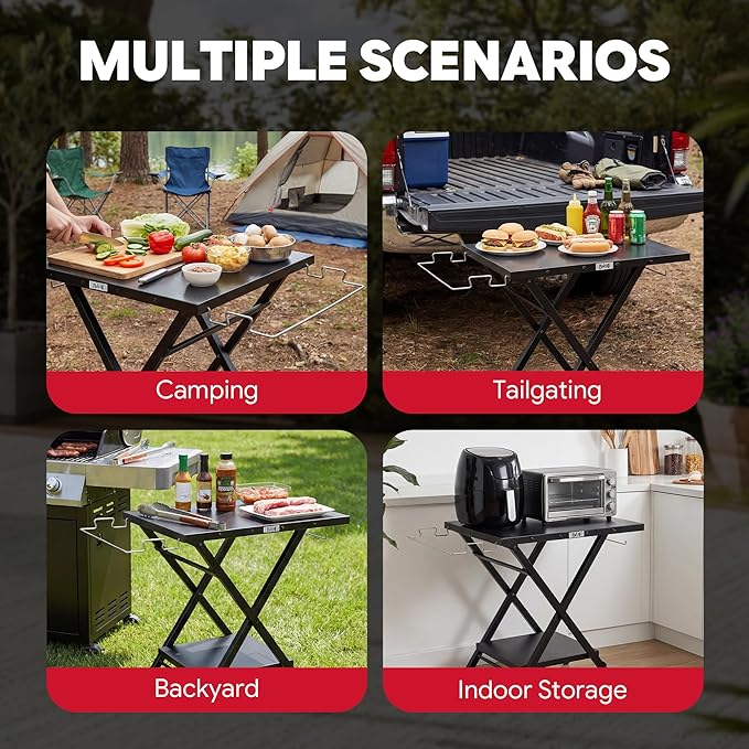 Feasto Folding Grill Table, Pizza Oven Table & Portable Table with Bottom Shelf, Tool Hooks, Trash Bag Holder & Paper Towel Rack, Grill Stand for Pizza Oven & Tabletop Griddle (Black)