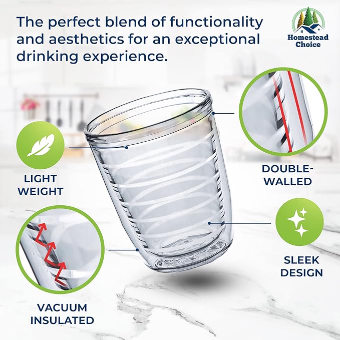 12oz Insulated Tumblers Plastic - Great for Iced Coffee & Hot Drinks, 4 pack Clear Double Wall Insulated Drinking Glasses Cups, BPA-Free, Reusable Cups, Camping, Travel, Kitchen, Party