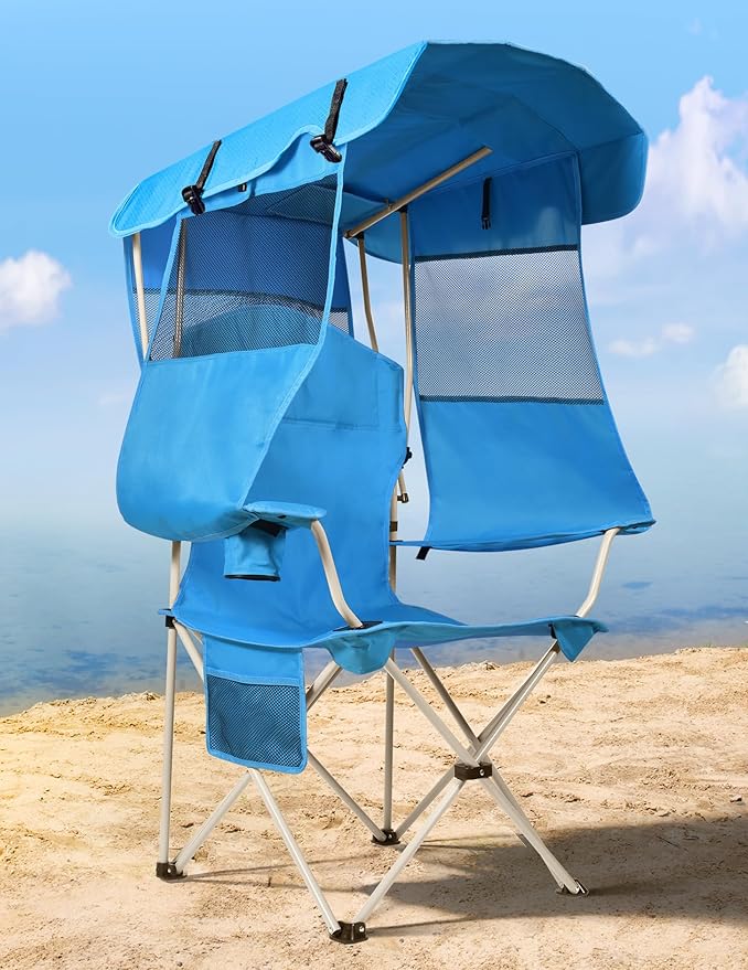 Docusvect Beach Chair with Canopy Shade, Folding Camping Chair with Canopy with Cup Holder, Side Pocket for Camp, Beach, Tailgates, Fishing - Support 330 LBS