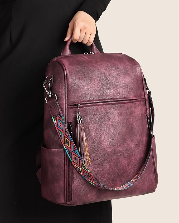 FADEON Leather Laptop Backpack for Women Designer 15.6 inch PU Laptop Bag, Ladies Travel Computer Work Backpack Red
