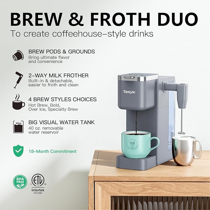 Tastyle Single Serve Coffee Maker with Built-in Detachable Milk Frother, Iced and Hot Coffee Machine for K Cup & Grounds, 40oz Removable Water Reservoir, 6 Cup Sizes, Fits 7.3" Travel Mug, Gray