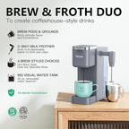 Tastyle Single Serve Coffee Maker with Built-in Detachable Milk Frother, Iced and Hot Coffee Machine for K Cup & Grounds, 40oz Removable Water Reservoir, 6 Cup Sizes, Fits 7.3" Travel Mug, Gray