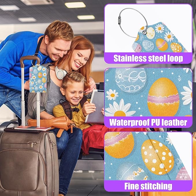 3 Pack Cute Easter Eggs Luggage Tags for Suitcase Bunny Daisy PU Leather Travel Luggage Tag Privacy Cover ID Label for Women Men Baggage Backpack Handbag School Bag