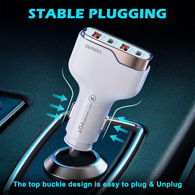 SUNDA 60W USB C Fast Car Charger, 4-Ports Car Charger Adapter, Dual Type C PD30W/PPS30W Compatible with iPhone17/16/15 Pro/Max/iPhone14/iPad Pro/Galaxy/SamsungS25, Dual USB-A 18W QC3.0 for Android