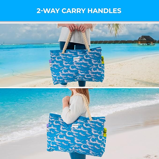 Beach Bag and Pool Bag Has Cooler Pocket, 7 Pockets Total, Zip Top. Family Size Waterproof Beach Tote