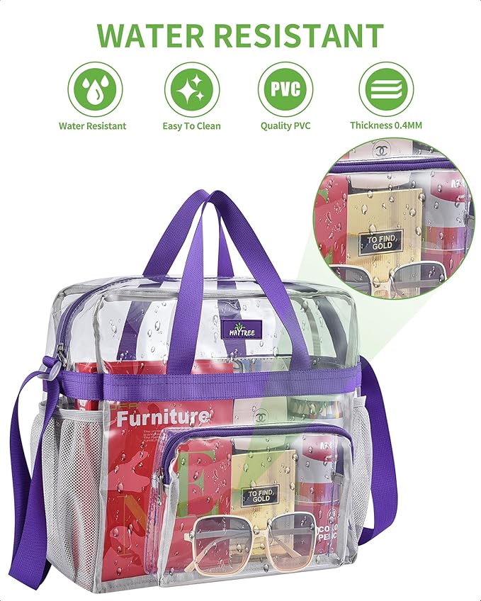 MAY TREE Clear Bag for Stadium Events 12×6×12 Clear Tote Lunch Bag with Reinforced Straps for Work, Sporting Events and Gym, Purple