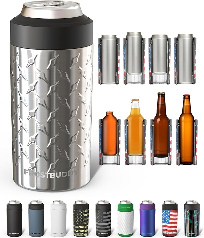 Frost Buddy Universal Can Cooler - Fits all - Stainless Steel Can Cooler for 12 oz & 16 oz Regular or Slim Cans & Bottles - Stainless Steel (Diamond Plate - Silver)