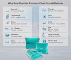 BlueHills Premium Soft Travel Blanket Pillow Airplane Blanket Packed in Soft Bag Pillowcase with Hand Luggage Belt and Backpack Clip, Compact Pack Large Warm for Any Travel (Teal Green T006)