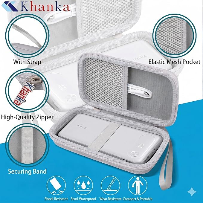 khanka Travel Case for Anker Power Bank, 20,000mAh Portable Charger,Case Only (White)