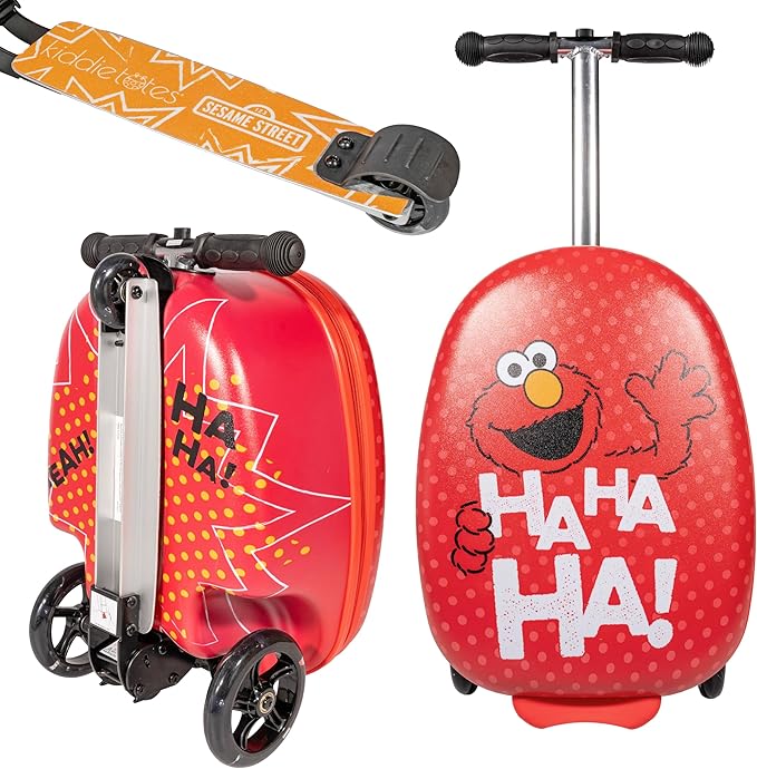 Sesame Street Elmo Ride-On Scooter Suitcase for Kids – Hardside Lightweight Carry-On Luggage with Foldable Scooter & LED Wheels