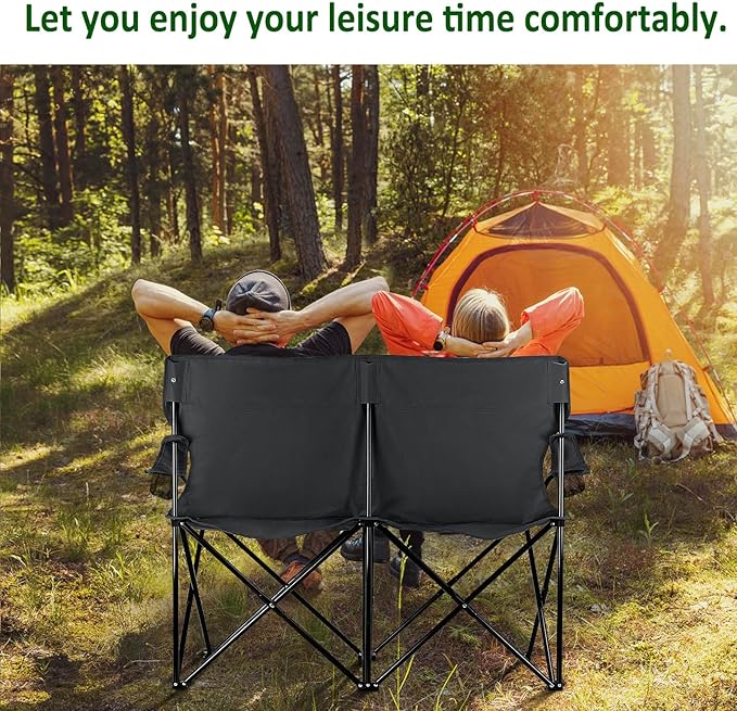 Leonyo Oversized 2 Person Camping Chair, Double Camping Loveseat Chair for Adults, Foldable & Comfortable Double Seat for Lawn, Backyard, Beach, Sports, Movie, Grey