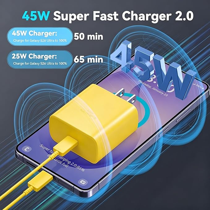 45W Super Fast Charger USB Type C Charger Cord 6.6FT with Android Phone Charger Fast Charging Block for Samsung Galaxy S26/S26 Ultra/S26+/S25/S25 Ultra/S25+/S24/S23/S22/S20/S21/Note 20/Note 10, Yellow