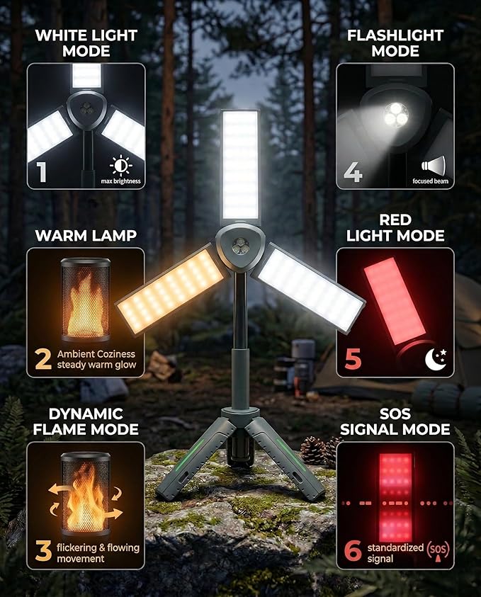 3000 Lumen Rechargeable LED Camping Lantern & Work Light, Telescopic Flashlight with Power Bank, 40" Height Adjustable, 360° Rotating, 6 Modes with Flame Effect for Emergency, Fishing, Outdoors
