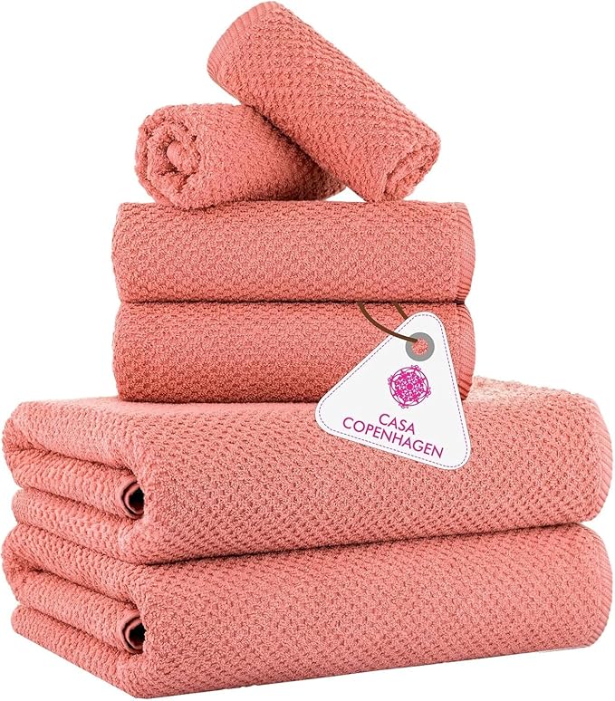 CASA COPENHAGEN Popcorn 6Pcs 100% Egyptian Cotton Large Designer Towels Gift Set- Peach, 600GSM, 2Bath 2Hand 2Washcloths, Bath Towels for Bathroom Set for Women & Men