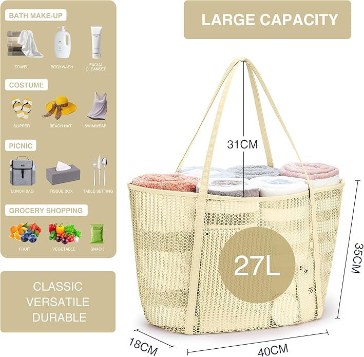 KALIDI Upgrade Version Beach Mesh Tote Bag MAX 27L Large capacity,Shoulder Bag Nylon Hobo Women Casual Foldable Beach Picnic