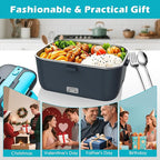 COZYEXPERT Electric-Lunch-Box-Heated-Food-Warmer 100W Heating Lunchbox for Adults 1.8L Portable Food Heater for Work/Car, 12V/24V/110-230V Lonchera Eléctrica Portátil with Fork Spoon (Gray+Blue)