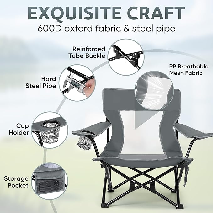HaSteeL Folding Beach Chair Set of 2, Foldable Grey Camping Chairs for Outside, Low Beach Chair Portable for Adults Fishing, Picnic, Outdoor BBQ, Travel, Sports, Cup Holder & Storage Bag