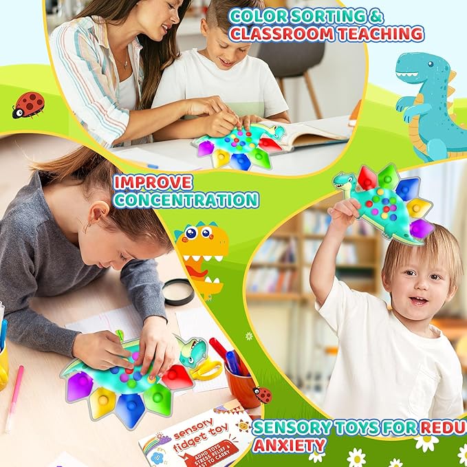 4PC Dinosaur Color Sorting Sensory Toys for Toddler, Montessori Travel Toys Fine Motor Skill Learning Activities Quiet Calm Down Fidgets for Classroom for 3 4 5 Year Old Kid Easter Basket Stuffers