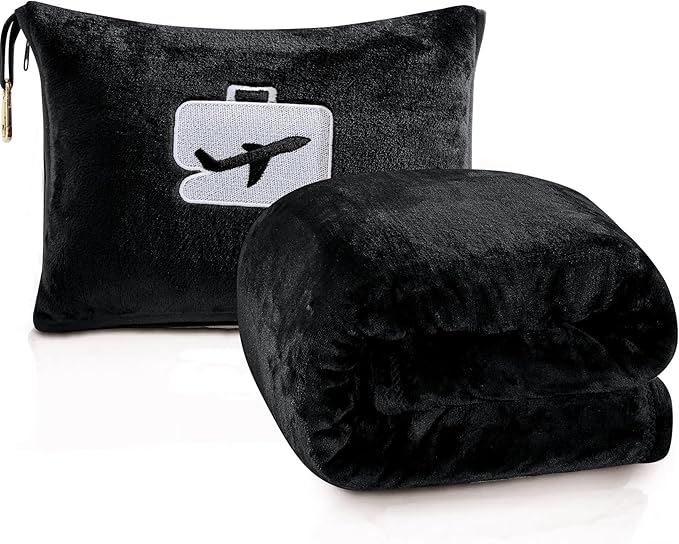 Comfort Fly Travel Blanket & Pillow – 2-in-1 Micro Plush Airplane Blanket with Carry Case (40" x 70") - Black